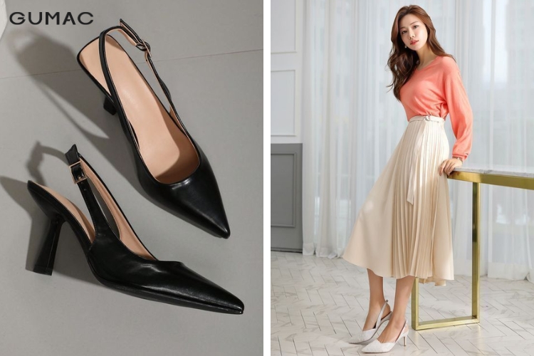 Outfit công sở với váy dưới dài và giày cao gót